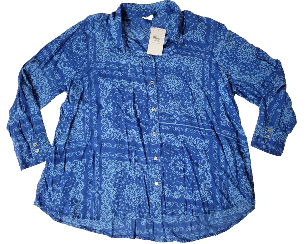 NWT Cato 22/24W Womens Blue Paisley Bandana Print Hand Dyed Button Front Blouse